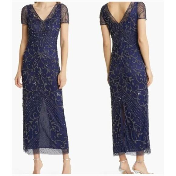 Pisarro Nights Dress Beaded Mesh Column Gown Maxi Cosmic Navy Blue NWT 16 - Picture 1 of 13